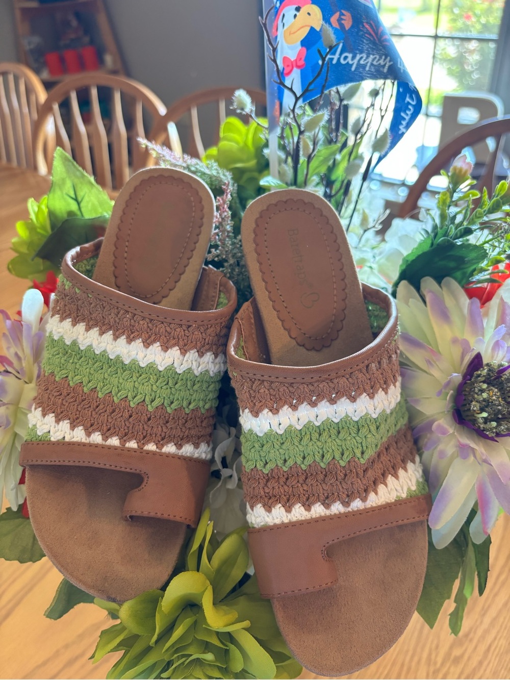 BareTraps Brown Crochet Slide Sandals with Green & White Accents